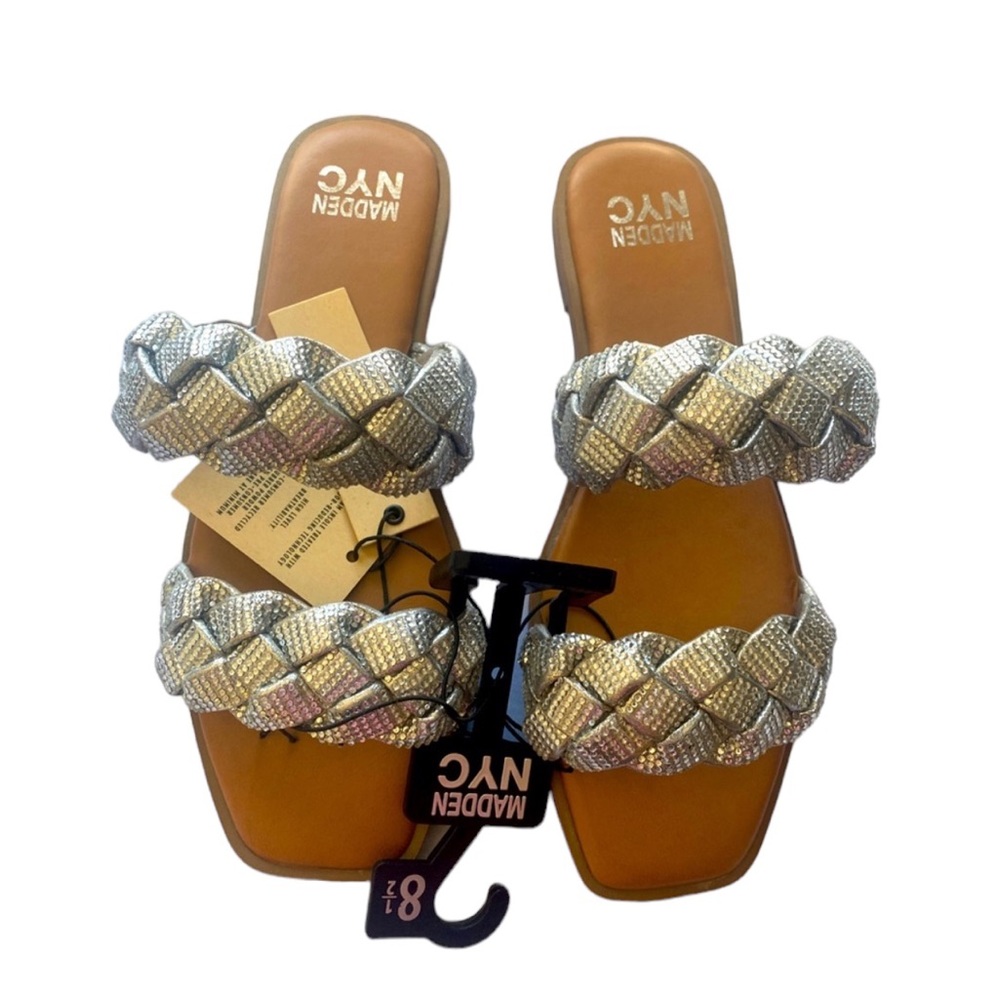 MADDEN NYC Two Band Braid Silver Rhinestone Comfort Foam Insole Sandals Size 8.5